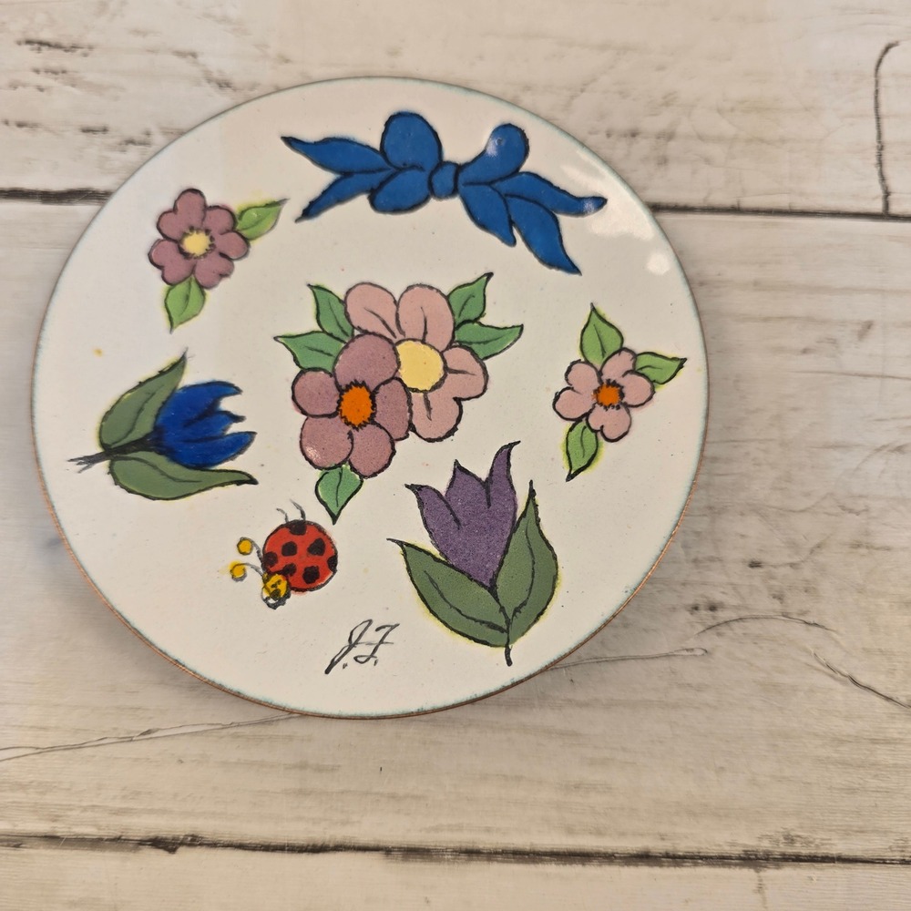 VTG Sun City West AZ Copper Enamel Mini Plate Flower Ladybug Dish Signed JF